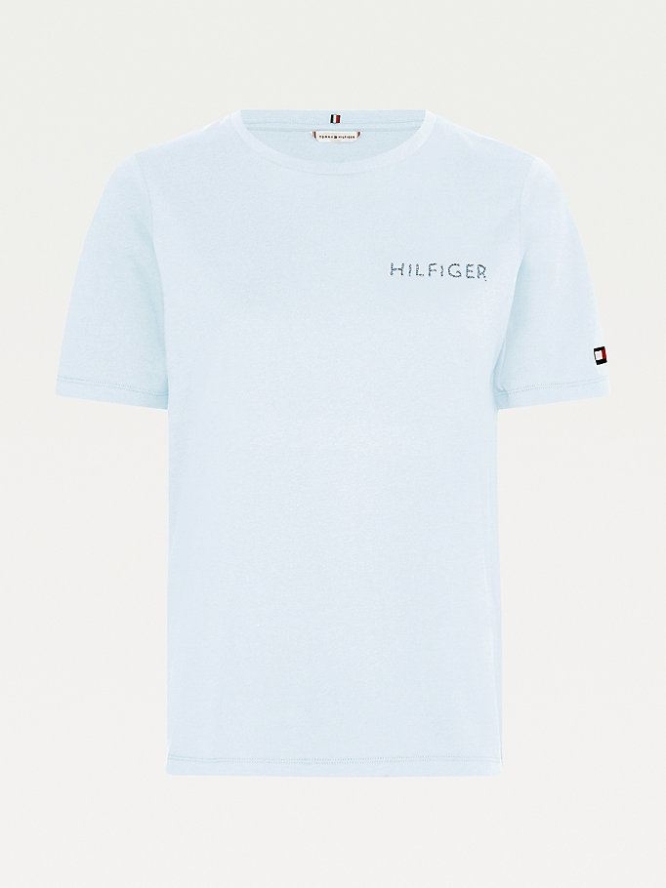 Tommy Hilfiger Cyrstal Embellished Logo Organic Baumwoll T-shirts Damen Blau | AT470DHSF