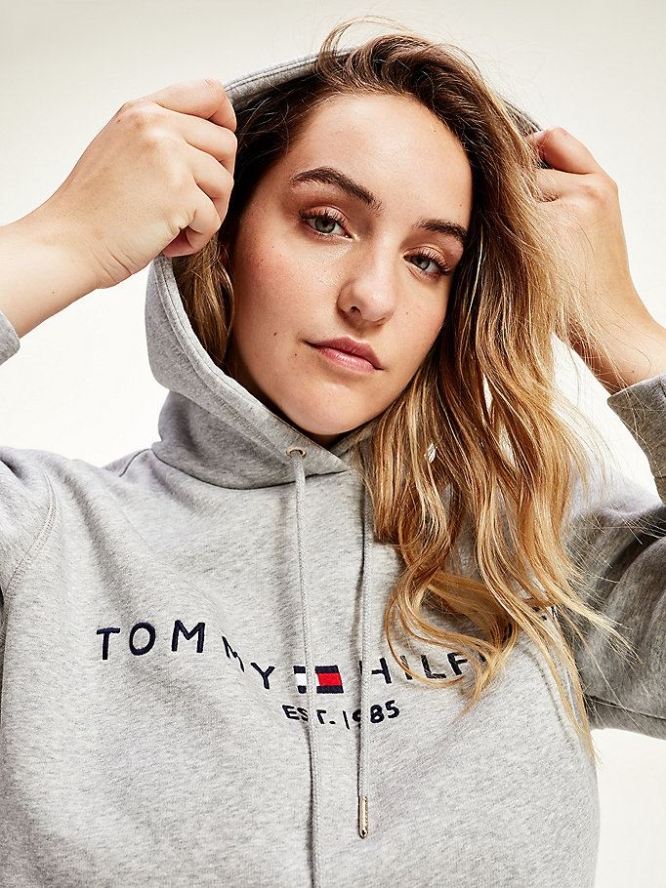 Tommy Hilfiger Essential Curve Logo Hoodie Damen Hellgrau | AT026EWVL