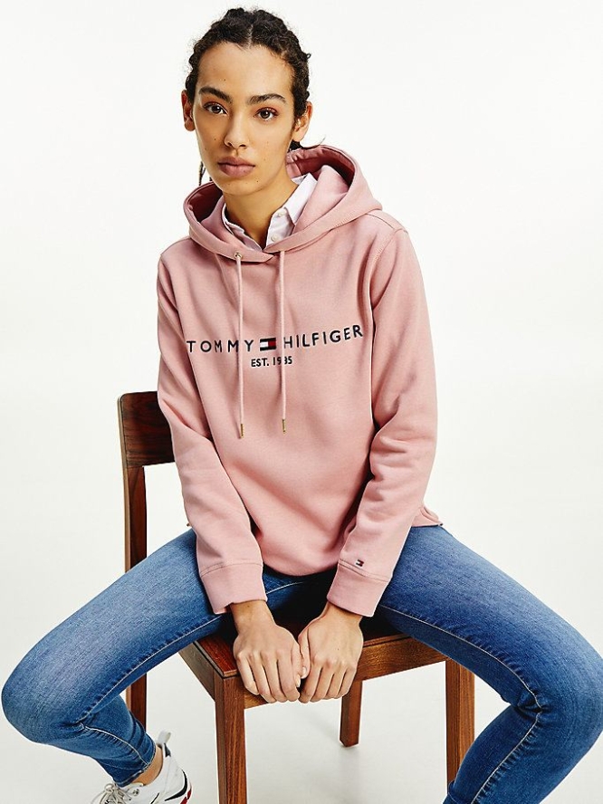 Tommy Hilfiger Essential Fleece Logo Hoodie Damen Rosa | AT082ZMWY