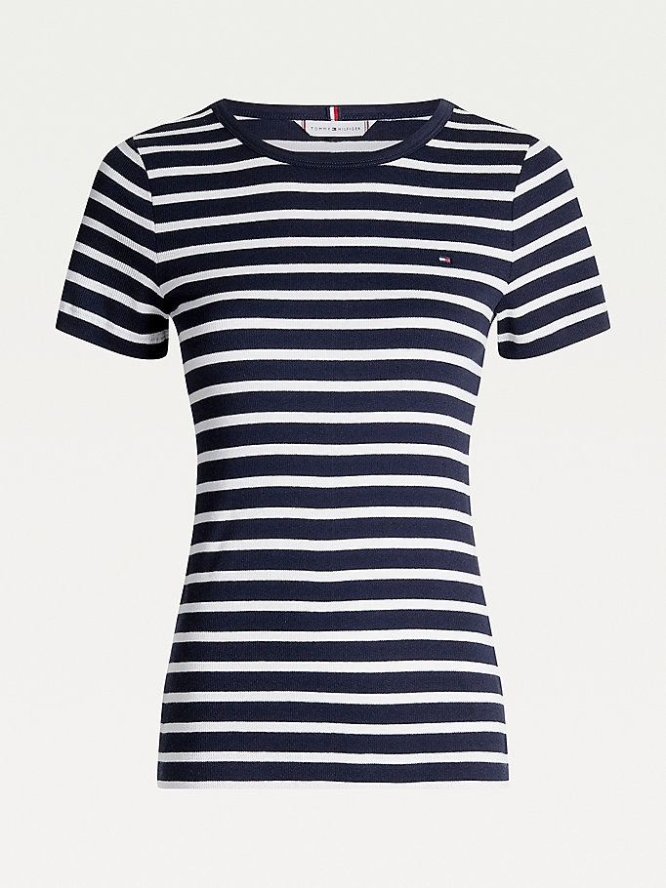 Tommy Hilfiger Essential Gerippt Slim Fit T-shirts Damen Dunkelblau | AT437SOHW