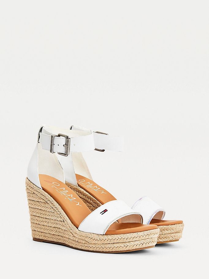 Tommy Hilfiger Essential Leder Wedge Keilabsatz Sandalen Damen Weiß | AT982GYIK