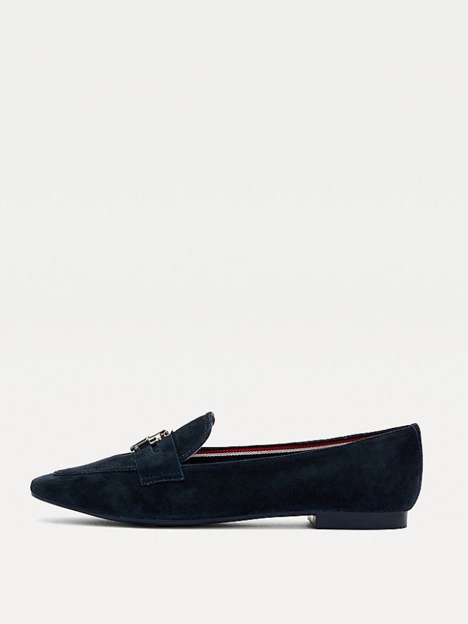 Tommy Hilfiger Essential Monogram Wildleder Loafer Flache Schuhe Damen Dunkelblau | AT248JYGB