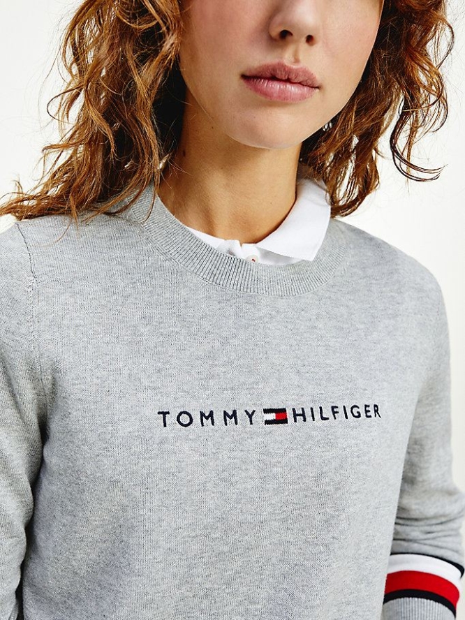 Tommy Hilfiger Essential Organic Baumwoll Sleeve Detail Jumper Pullover Damen Hellgrau | AT934HTXD