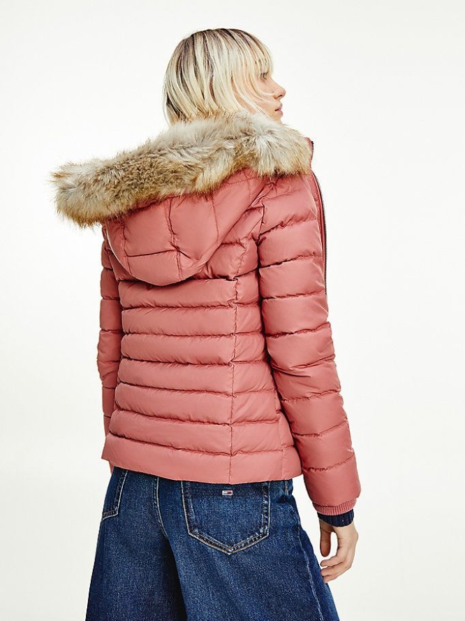 Tommy Hilfiger Faux Fur Hood Down Jacke Damen Rot Rosa | AT502QZKX