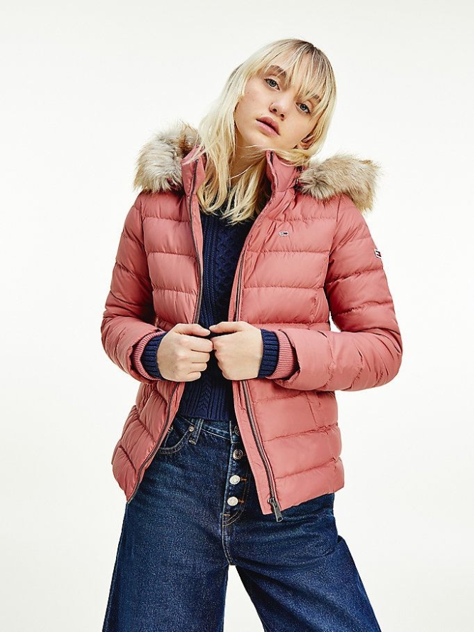 Tommy Hilfiger Faux Fur Hood Down Jacke Damen Rot Rosa | AT502QZKX