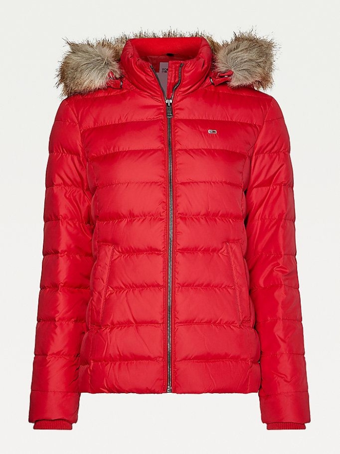 Tommy Hilfiger Faux Fur Trimmed Down Fitted Jacke Damen Rot | AT425HJKN