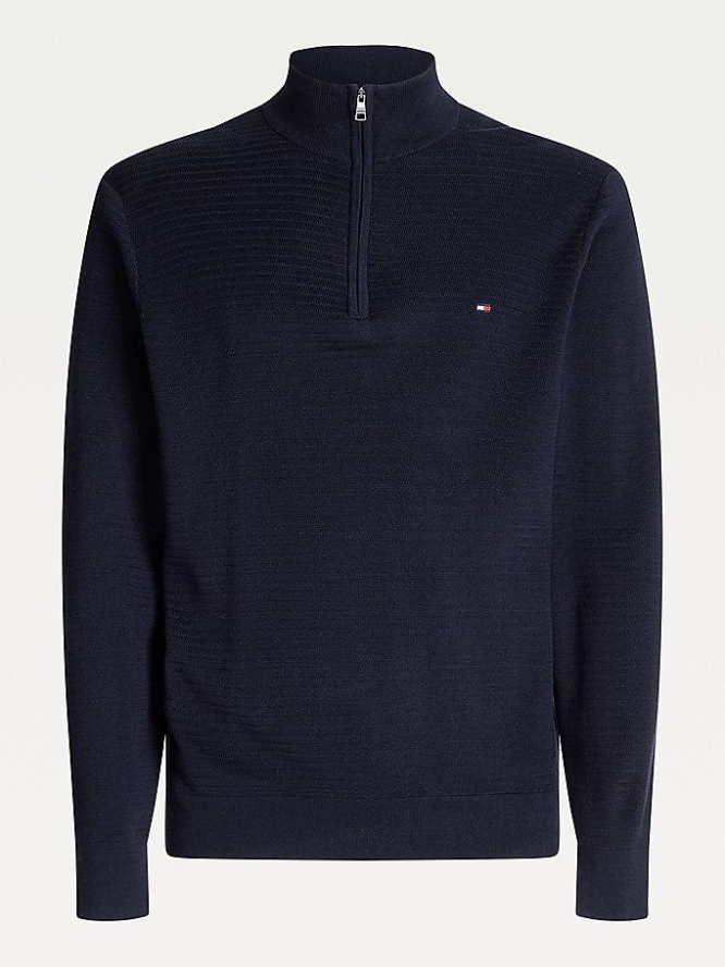 Tommy Hilfiger Fine Zig Zag Zipped Neck Jumper Pullover Herren Dunkelblau | AT526PUBV