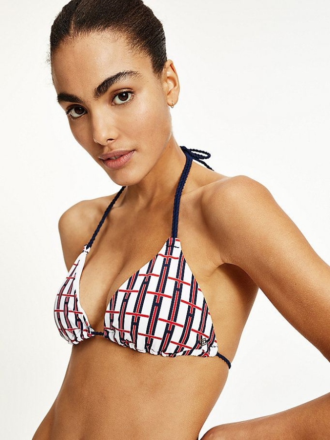 Tommy Hilfiger Fixed Triangle Check Self-Tie Bikini Top Bademode Damen Weiß | AT763MLEF