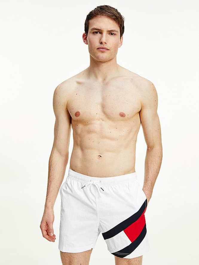 Tommy Hilfiger Flag Drawstring Mid Length Slim Fit Swim Bademode Herren Weiß | AT951VSZQ