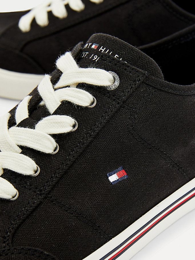 Tommy Hilfiger Flag Embroidery Baumwoll Canvas Sneakers Herren Schwarz | AT831TZSQ