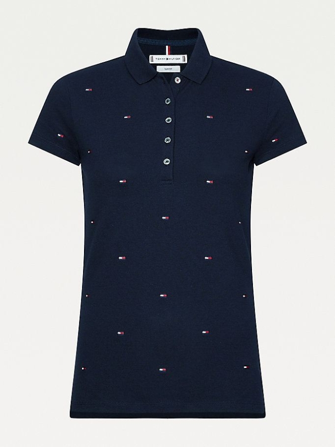 Tommy Hilfiger Flag Embroidery Slim Fit Polo Shirts Damen Navy | AT719UFNR