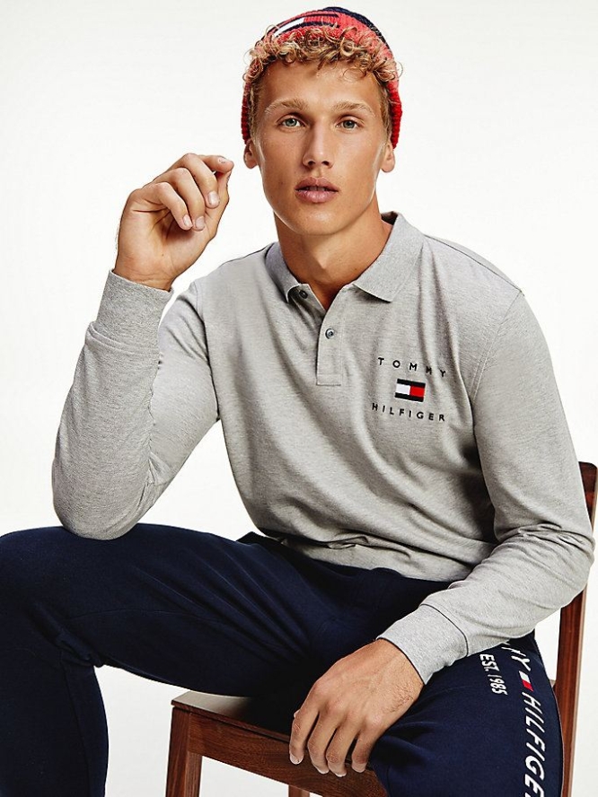 Tommy Hilfiger Flag Logo Long Sleeve Hilfiger Polo Shirts Herren Grau | AT026IJUW