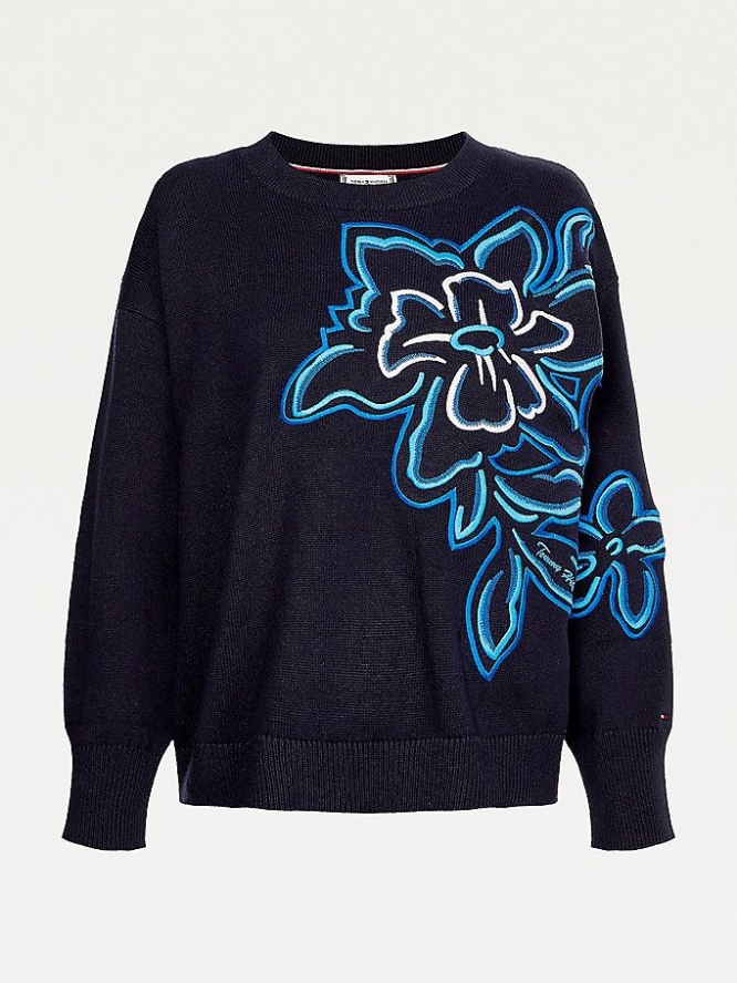 Tommy Hilfiger Floral Applique Organic Baumwoll Jumper Pullover Damen Dunkelblau | AT817PHNV