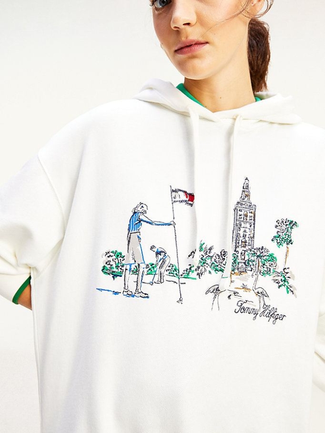 Tommy Hilfiger Golf Embroidery Oversized Hoodie Damen Weiß | AT872YSFQ