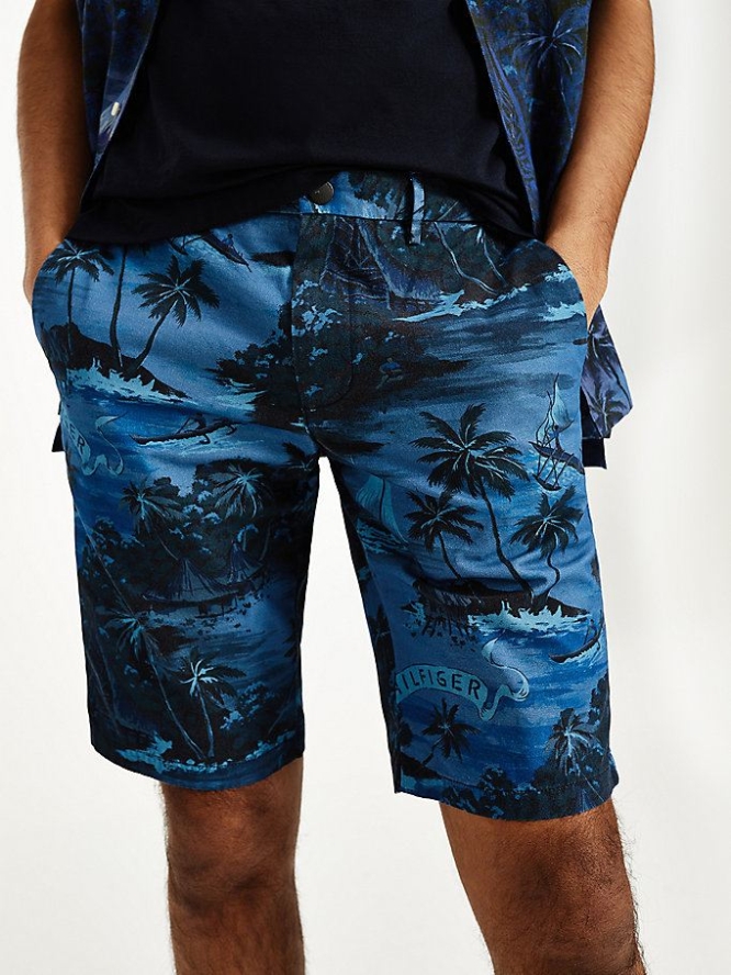 Tommy Hilfiger Hawaiian Print Baumwoll Kurze Hose Herren Dunkelblau | AT280IASY