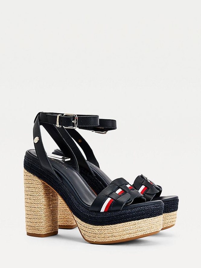 Tommy Hilfiger High Heel Leder Espadrilles Sandalen Absatz Damen Dunkelblau | AT635WSAH