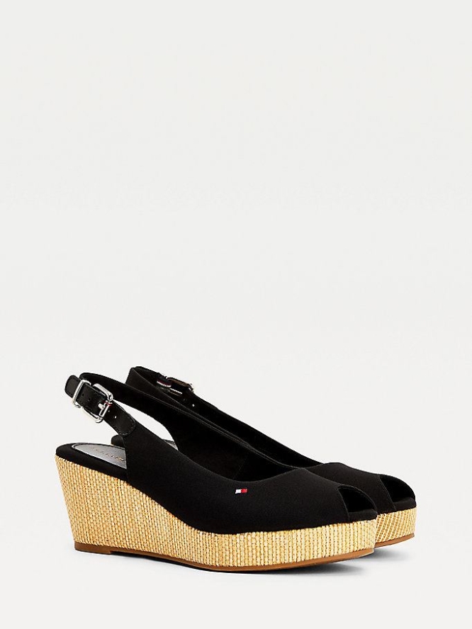 Tommy Hilfiger Iconic Open Kappe Slingback Wedge Heels Keilabsatz Sandalen Damen Schwarz | AT124IFAW