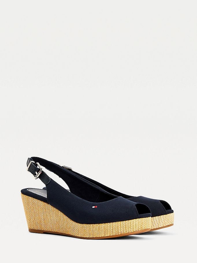 Tommy Hilfiger Iconic Open Kappe Slingback Wedge Heels Keilabsatz Sandalen Damen Dunkelblau | AT710HOAS