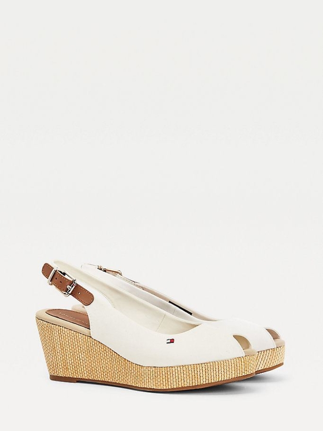 Tommy Hilfiger Iconic Open Kappe Slingback Wedge Heels Keilabsatz Sandalen Damen Weiß | AT893PFZJ