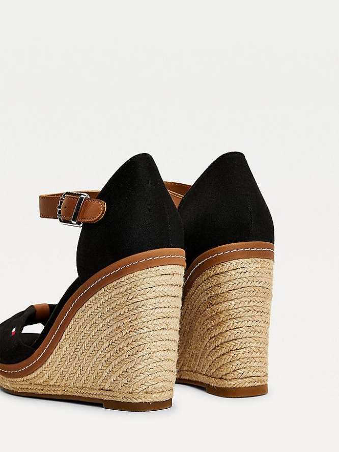 Tommy Hilfiger Iconic Wedge Open-Kappe Espadrilles Keilabsatz Sandalen Damen Schwarz | AT216FCTE