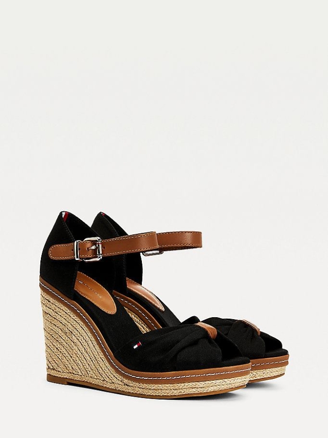 Tommy Hilfiger Iconic Wedge Open-Kappe Espadrilles Keilabsatz Sandalen Damen Schwarz | AT216FCTE