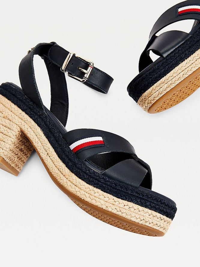 Tommy Hilfiger Leder Espadrilles Mid Heel Sandalen Absatz Damen Dunkelblau | AT135NMCH