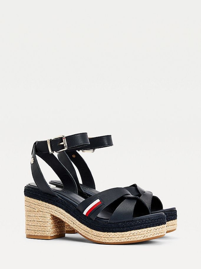 Tommy Hilfiger Leder Espadrilles Mid Heel Sandalen Absatz Damen Dunkelblau | AT135NMCH