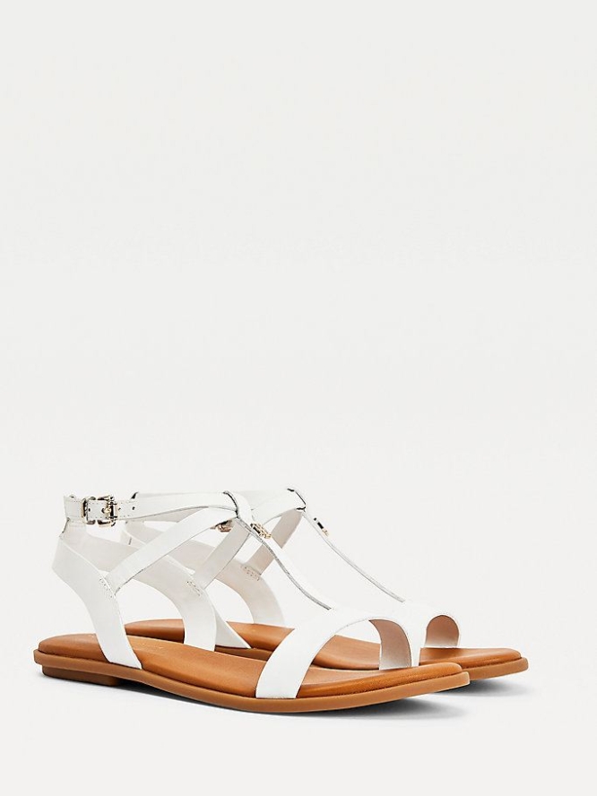 Tommy Hilfiger Leder Flache Gladiator Flache Sandalen Damen Weiß | AT139EHZT