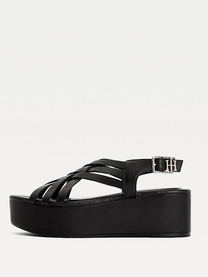 Tommy Hilfiger Leder Flatform Keilabsatz Sandalen Damen Schwarz | AT391GSTN