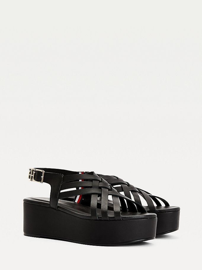 Tommy Hilfiger Leder Flatform Keilabsatz Sandalen Damen Schwarz | AT391GSTN