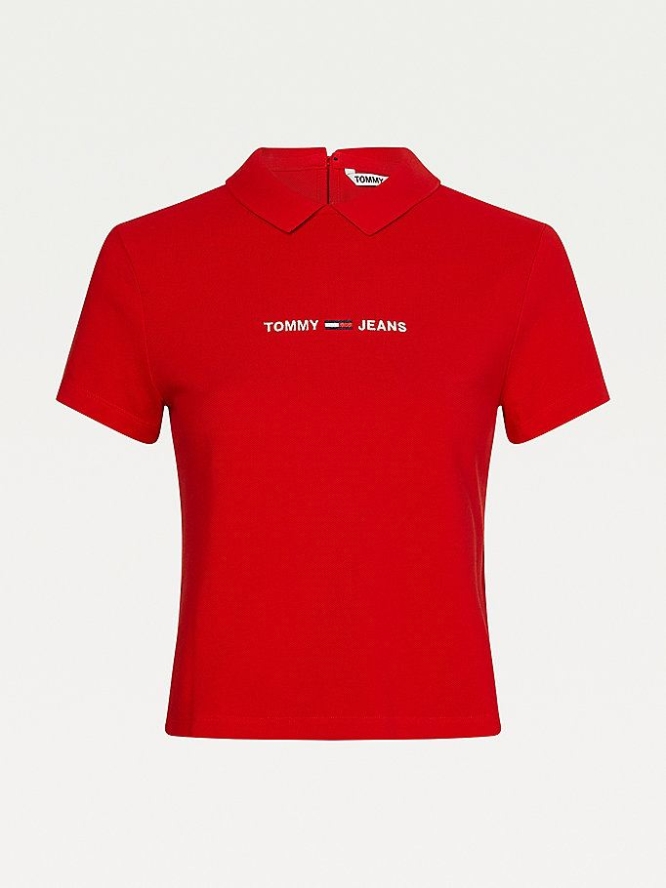 Tommy Hilfiger Linear Logo Polo Shirts Damen Tiefesrot | AT164KGDE