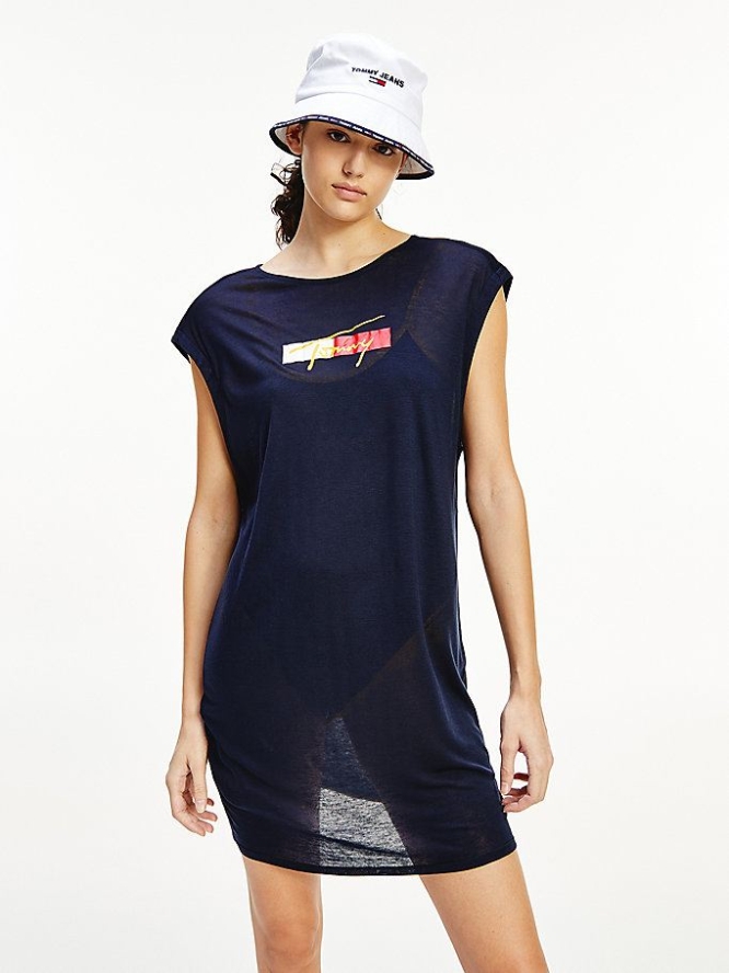 Tommy Hilfiger Logo Cover-Up Bademode Damen Dunkelblau | AT720SRTX