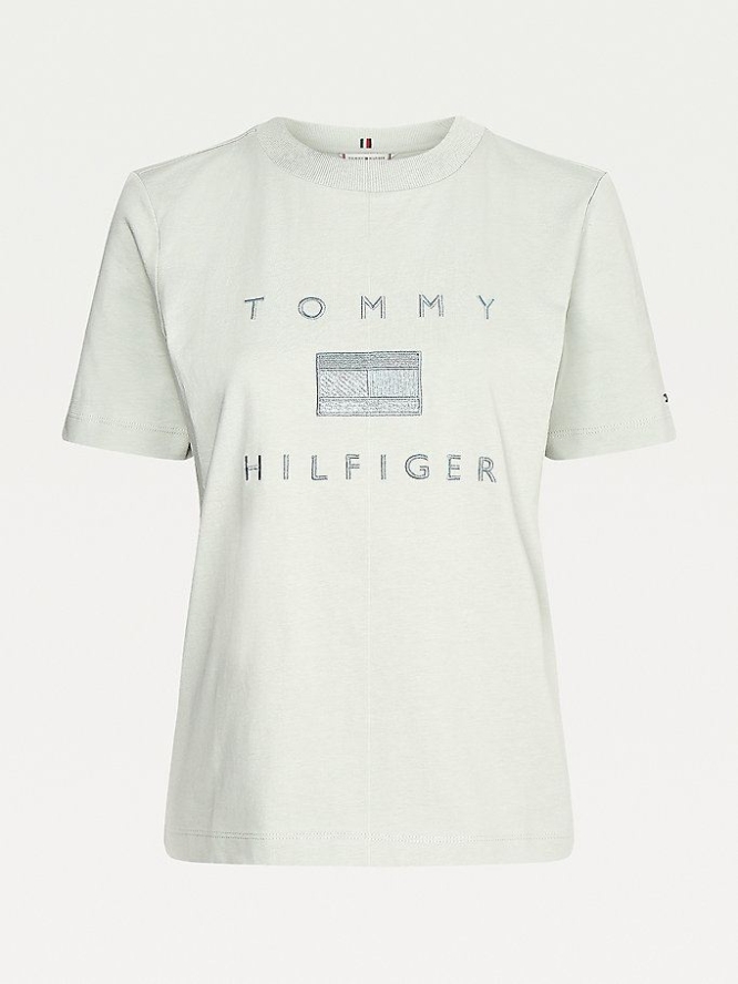 Tommy Hilfiger Logo Embroidery Crew Neck T-shirts Damen Hellgrün | AT750BCXU