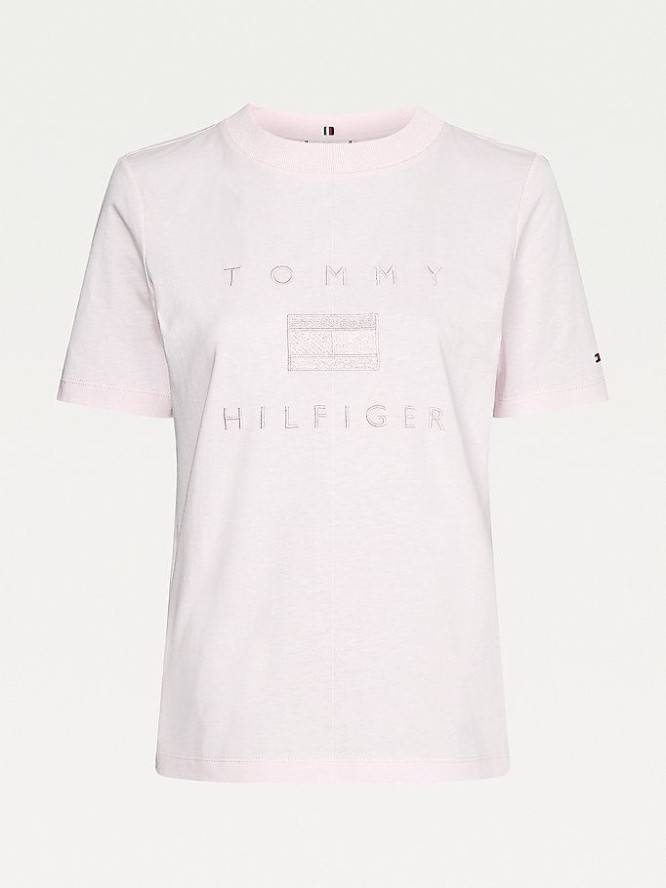 Tommy Hilfiger Logo Embroidery Crew Neck T-shirts Damen Hellrosa | AT850ZBAE