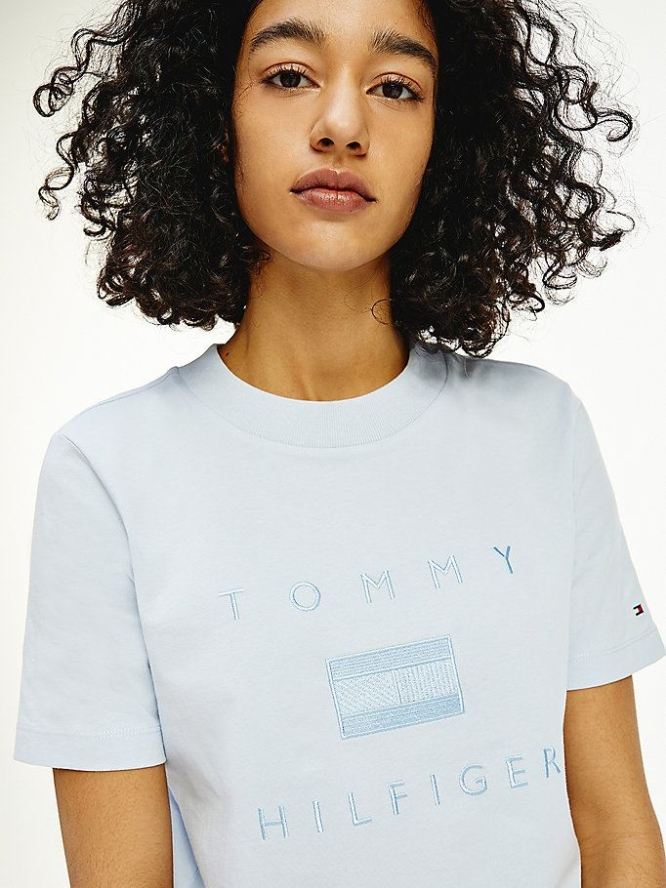 Tommy Hilfiger Logo Embroidery Crew Neck T-shirts Damen Blau | AT963LGZR