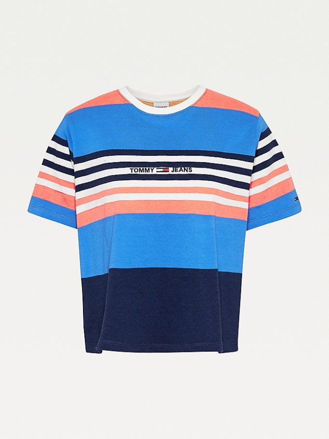 Tommy Hilfiger Logo Embroidery Cropped Fit Stripe T-shirts Damen Blau | AT278JHAG