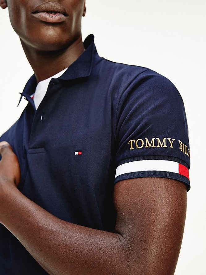 Tommy Hilfiger Logo Embroidery Cuff Slim Fit Polo Shirts Herren Dunkelblau | AT329XGYK