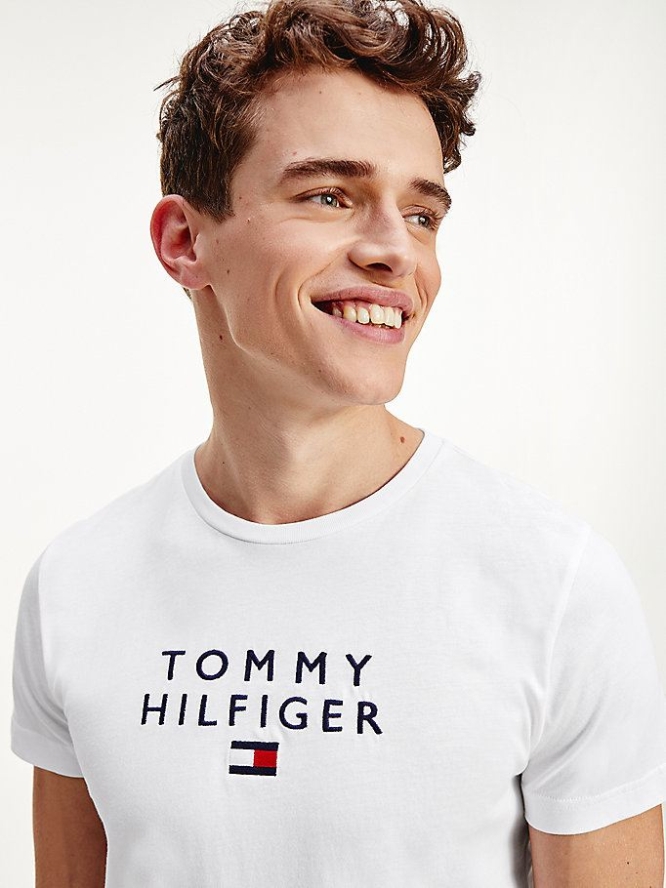 Tommy Hilfiger Logo Embroidery Organic Baumwoll T-shirts Herren Weiß | AT015ZMGT