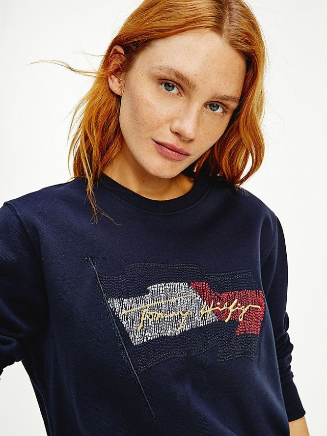 Tommy Hilfiger Logo Flag Embroidery Sweatshirts Damen Dunkelblau | AT028KIHC