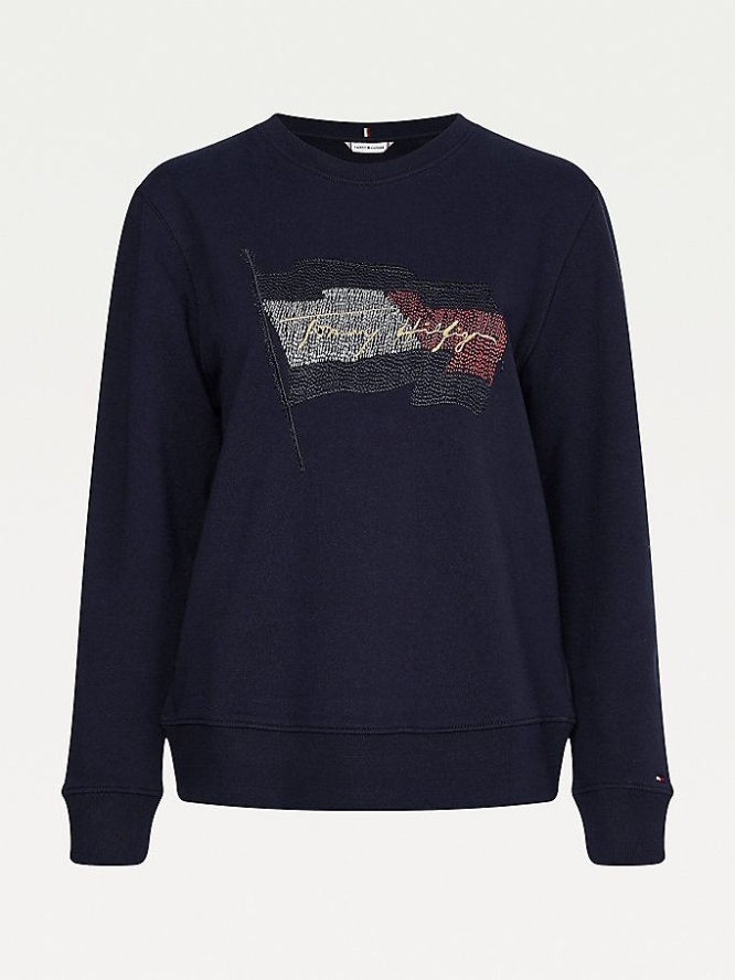 Tommy Hilfiger Logo Flag Embroidery Sweatshirts Damen Dunkelblau | AT028KIHC