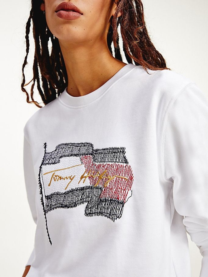 Tommy Hilfiger Logo Flag Embroidery Sweatshirts Damen Weiß | AT417SLRA