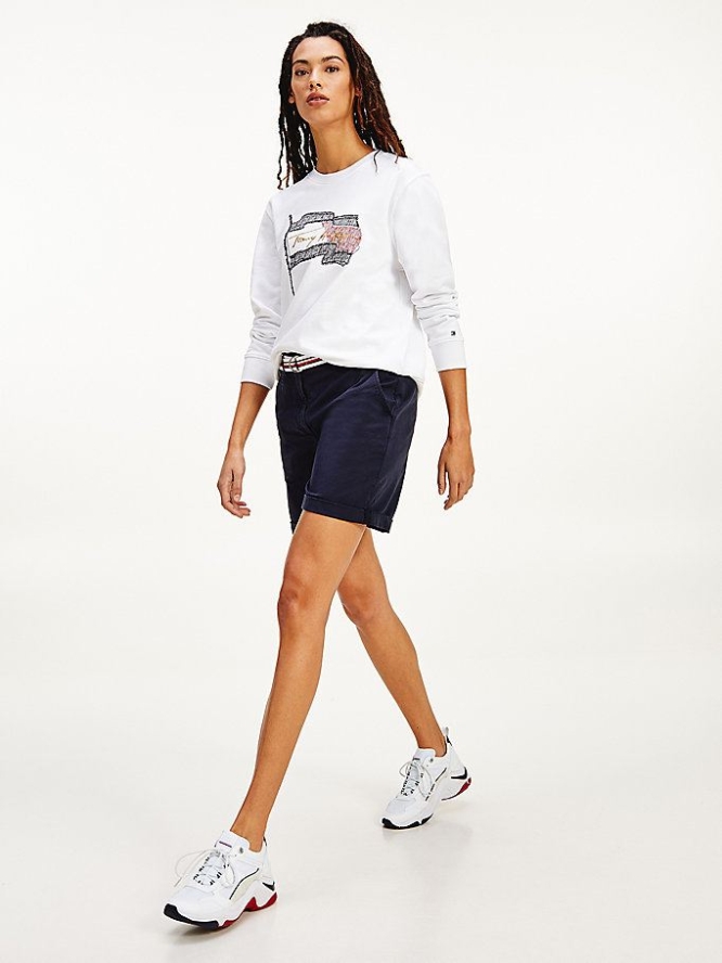 Tommy Hilfiger Logo Flag Embroidery Sweatshirts Damen Weiß | AT417SLRA