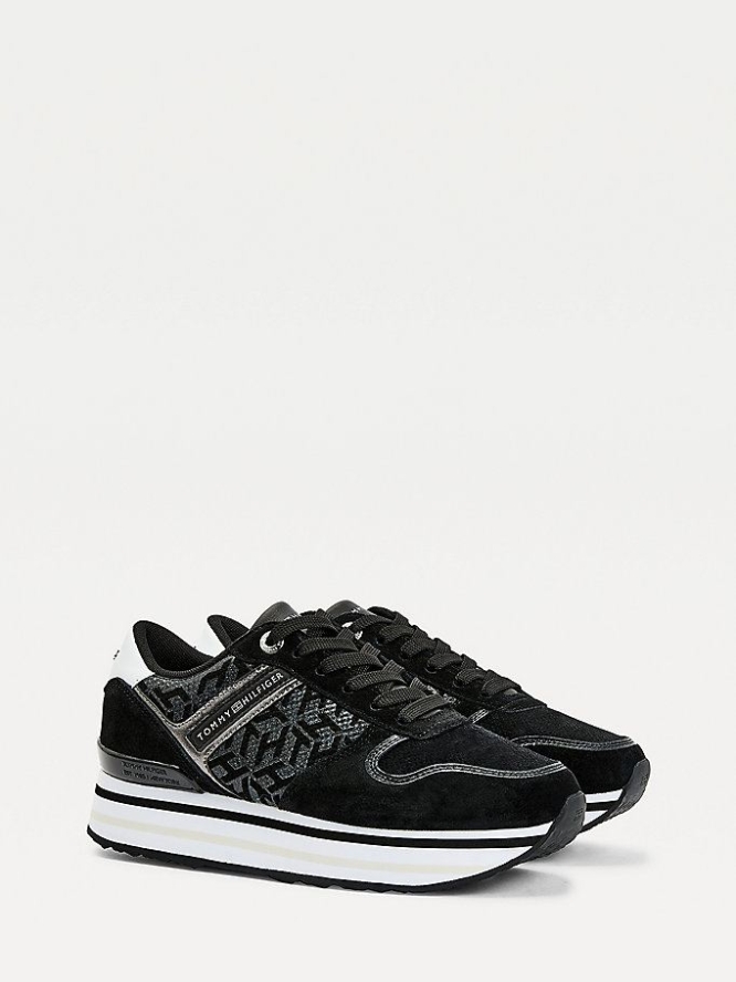 Tommy Hilfiger Logo Metallic Flatform Sneakers Damen Schwarz | AT145LUIA