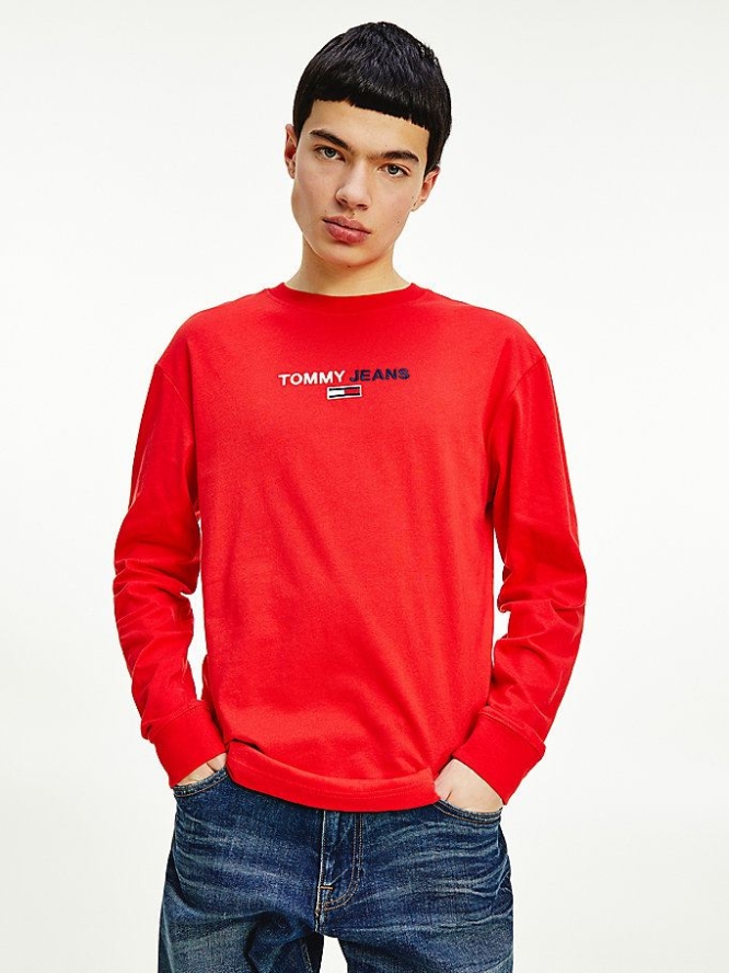 Tommy Hilfiger Long Sleeve Logo T-shirts Herren Tiefesrot | AT619DLKQ