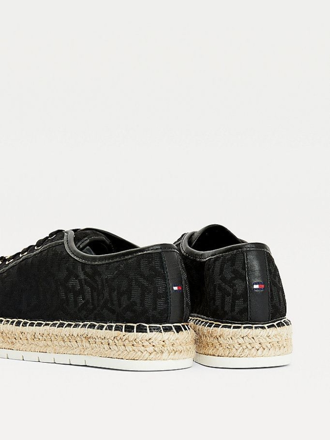 Tommy Hilfiger Mesh Spitze-Up Espadrilles Flache Schuhe Damen Schwarz | AT517PMUY