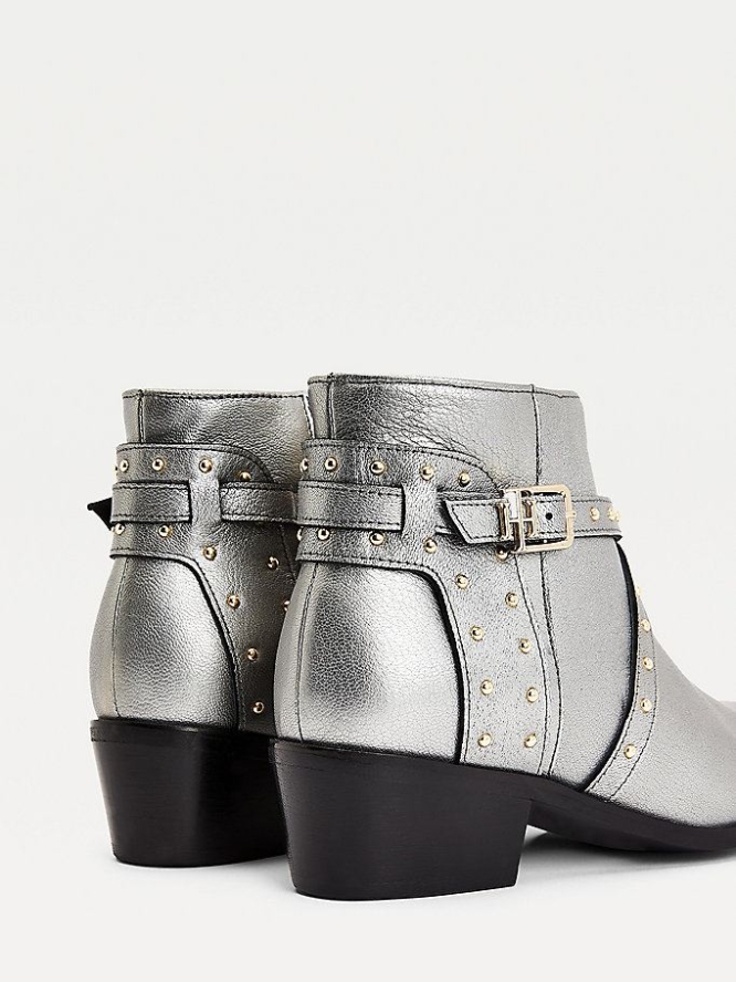 Tommy Hilfiger Metallic Studded Leder Ankle Stiefel Damen Silber | AT364WFPB