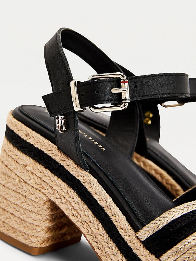 Tommy Hilfiger Mid Heel Leder Espadrilles Sandalen Absatz Damen Schwarz | AT270WQLY