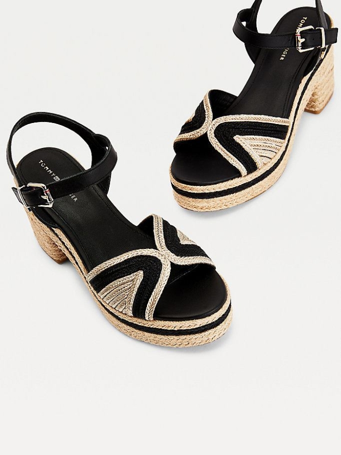 Tommy Hilfiger Mid Heel Leder Espadrilles Sandalen Absatz Damen Schwarz | AT270WQLY