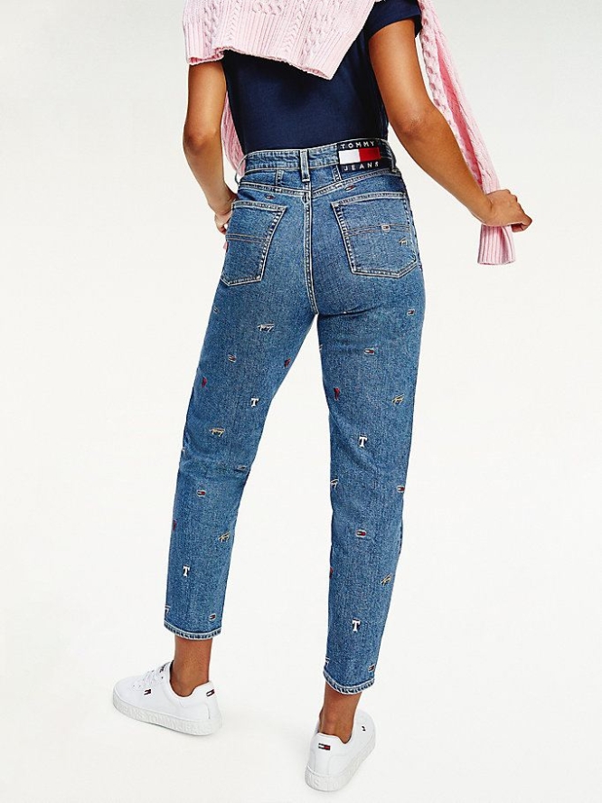 Tommy Hilfiger Mom High Rise Tapered Embroidery Jeans Damen Blau | AT609AUCH