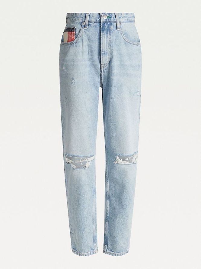 Tommy Hilfiger Mom Ultra High Rise Tapered Distressed Jeans Damen Hellblau | AT456ZSQO